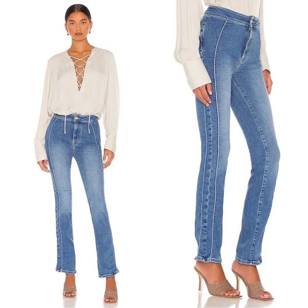 Free People Denim Cross My Heart Pintuck Slim Straight High Rise Jeans Blue 28